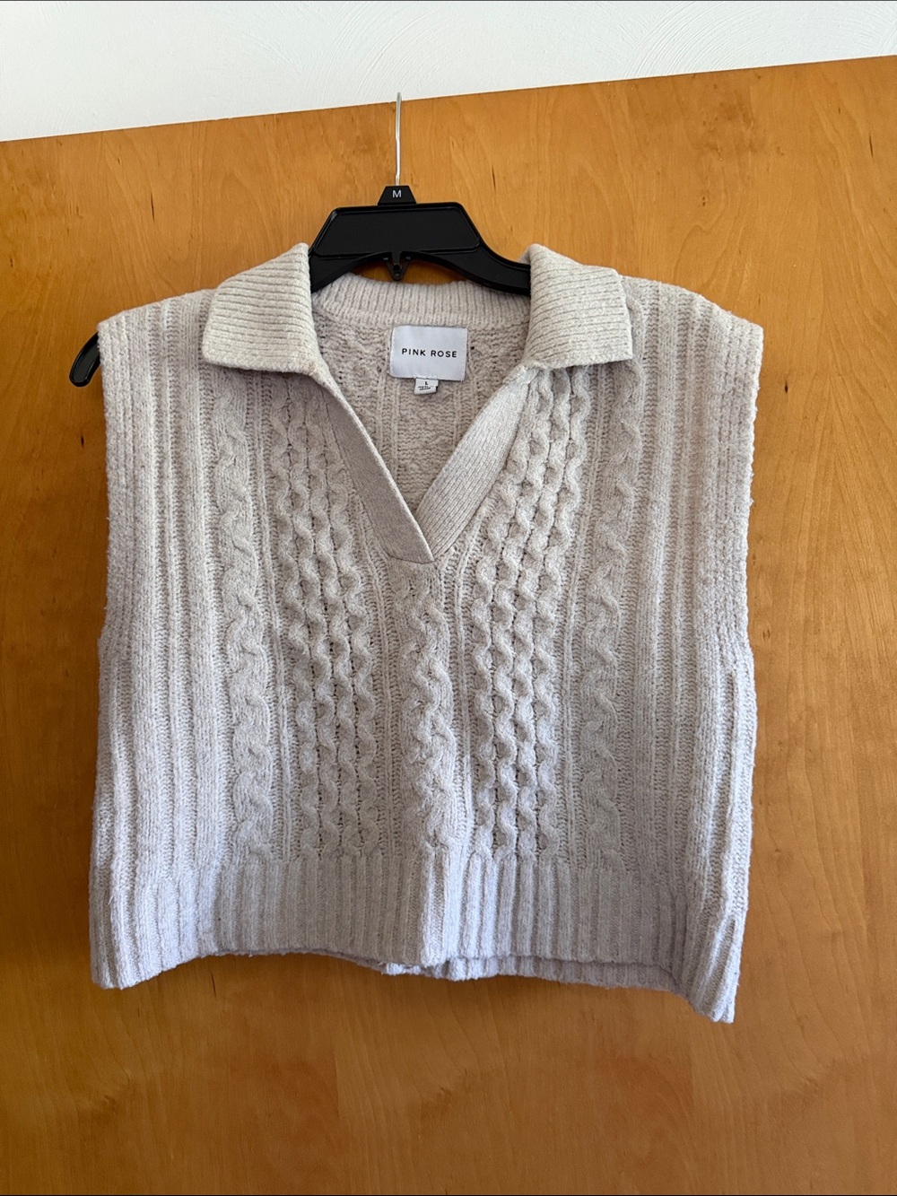 Pink Rose Women's Cream Cable Knit Cropped Sleeveless Polo Sweater